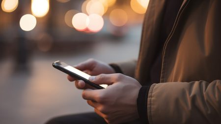 A close-up of a man using a mobile smart phone